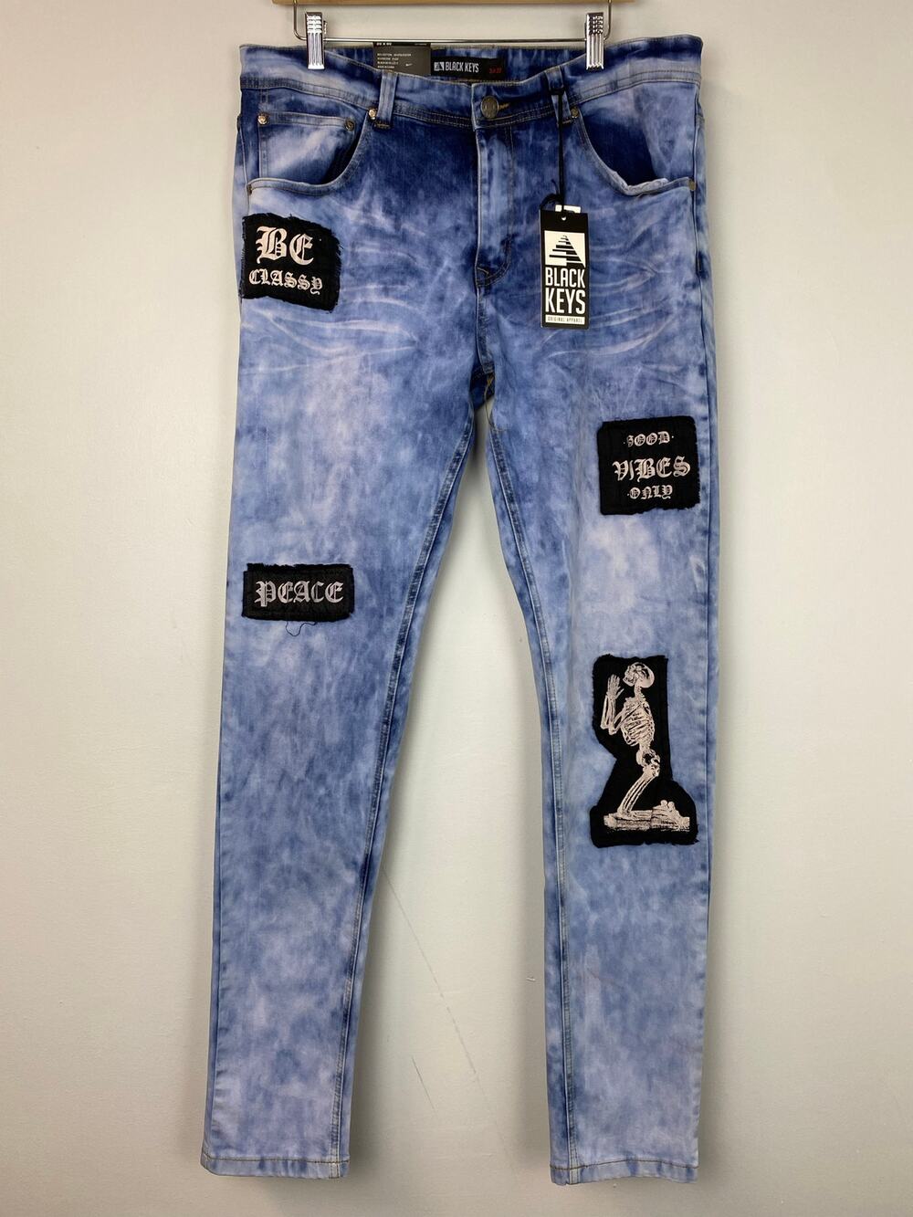 The Black Keys Urban Acid Wash Patched Jeans  36x32 Skeleton